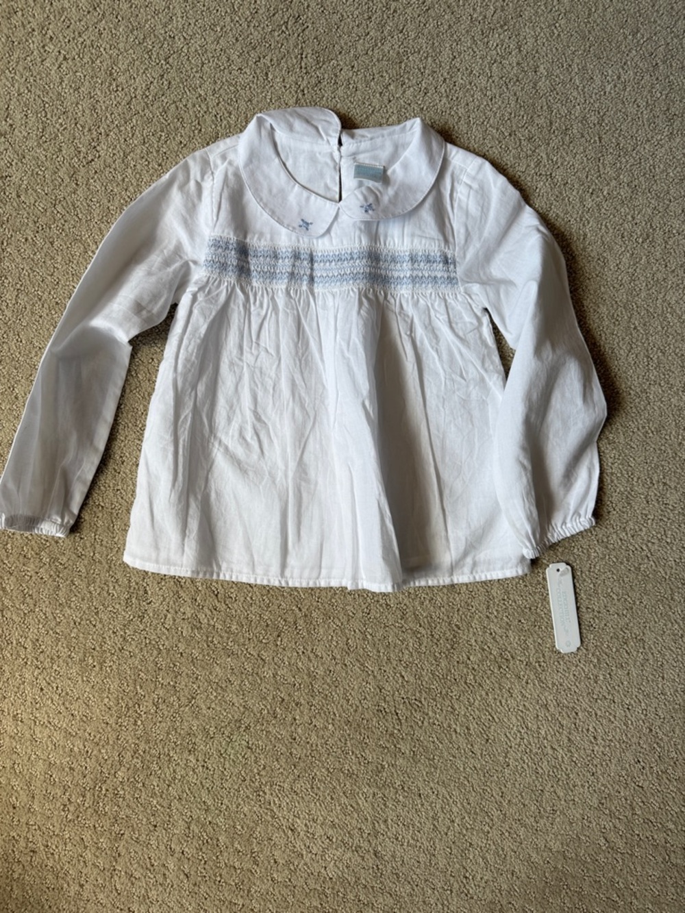 Edgehill Collection White Long-Sleeve Smocked Top with Light Blue Accents